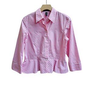 Lauren Ralph Lauren Petite Pink Gingham Button-Up Blouse with Ruffle Hem, Size 6